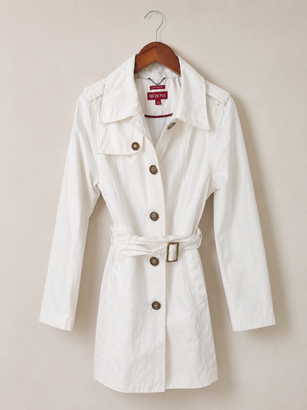 100% Cotton Merona Water Repellent Belted Trench Coat Large White Classic - Picture 2 of 7
